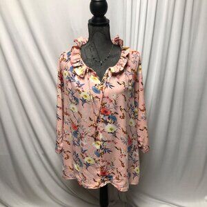 Simply Noelle Top Womens Size Large-XL Pink Floral Ruffle Collar Cottagecore NEW